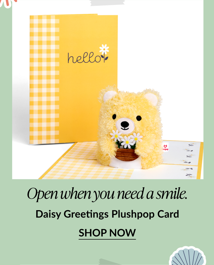 Plush yellow bear card with daisies and a yellow gingham ''hello'' cover.