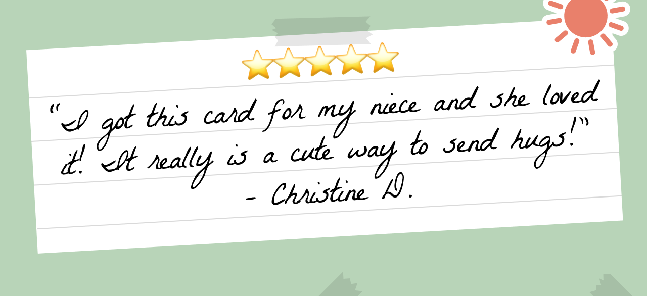 A 5-star handwritten note praising a cute card for a niece.