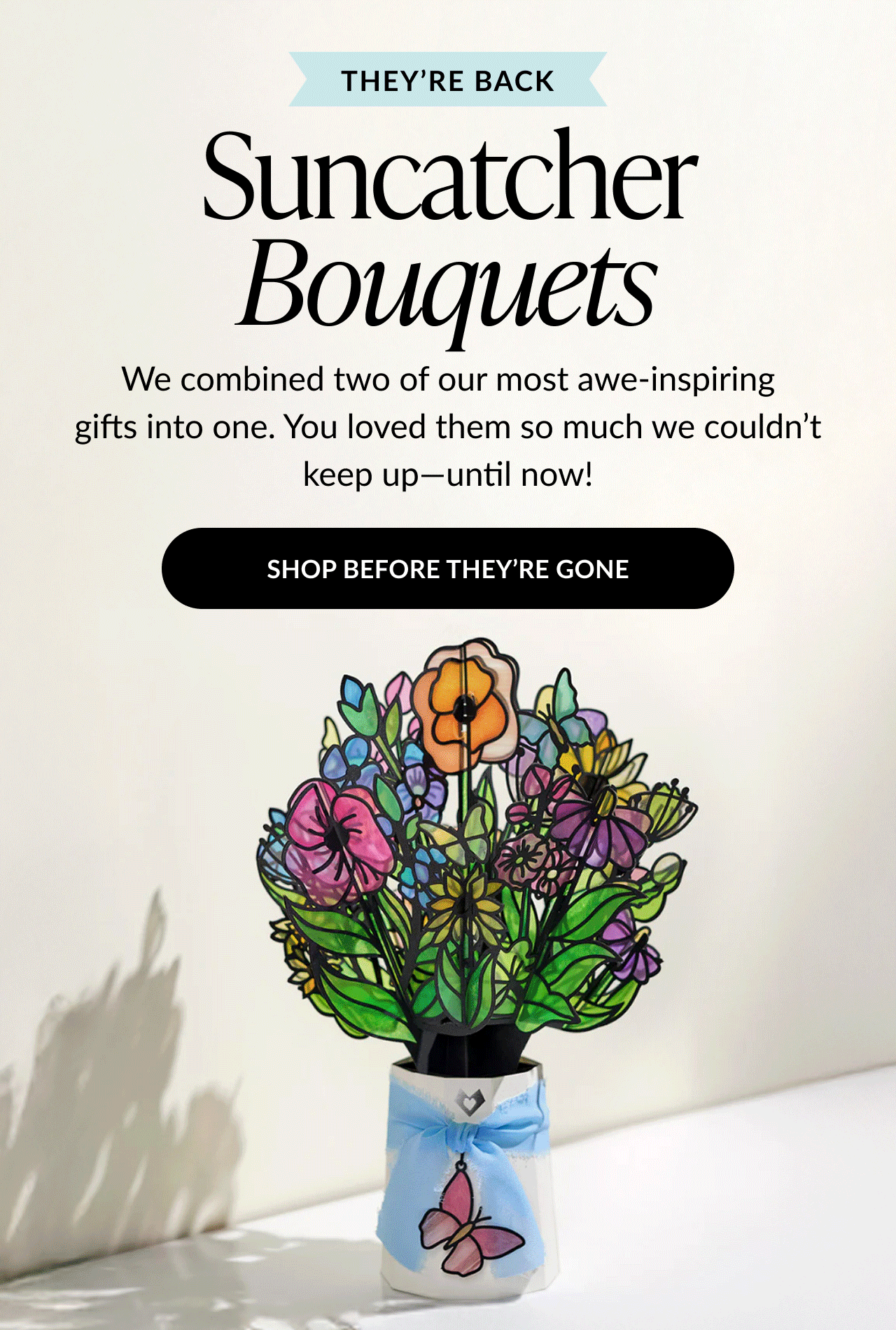 Animated bouquet card with colorful flowers and butterfly charm, promoting their return.