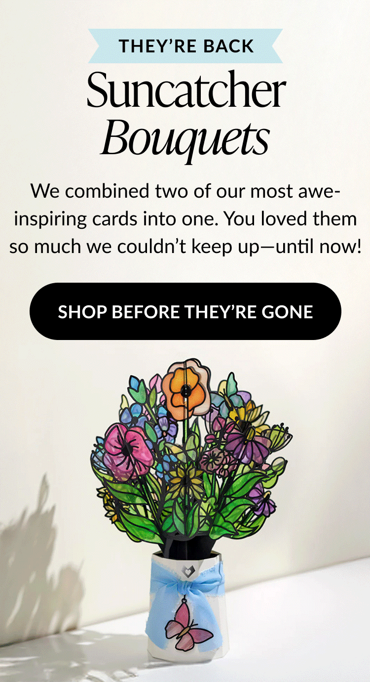 Animated bouquet card with colorful flowers and butterfly charm, promoting their return.