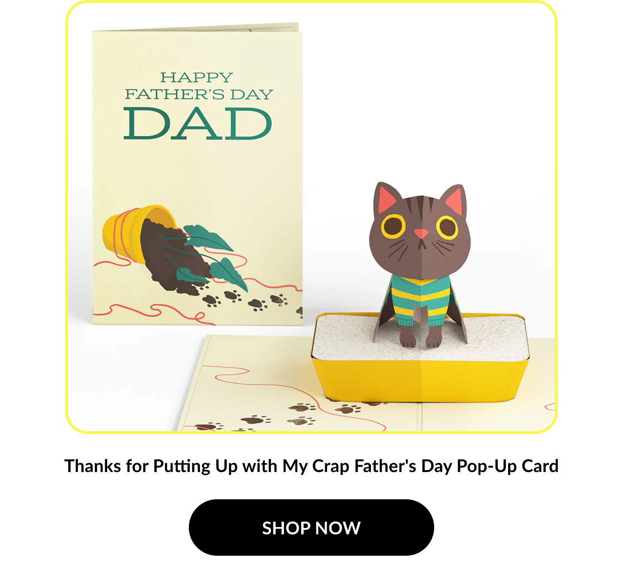 Image of a pop-up card with a cat sitting in a litter box. Card cover reads: ''Happy Father’s Day DAD''. Product name: ''Thanks for Putting Up with My Crap Father's Day Pop-Up Card''. Button text: ''SHOP NOW''.