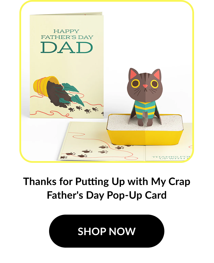 Image of a pop-up card with a cat sitting in a litter box. Card cover reads: ''Happy Father’s Day DAD''. Product name: ''Thanks for Putting Up with My Crap Father's Day Pop-Up Card''. Button text: ''SHOP NOW''.