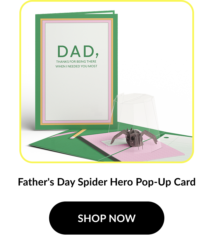 Image of a pop-up card showing a spider hero design. Card cover reads: ''Dad, thanks for being there when I needed you most''. Product name: ''Father's Day Spider Hero Pop-Up Card''. Button text: ''SHOP NOW''.