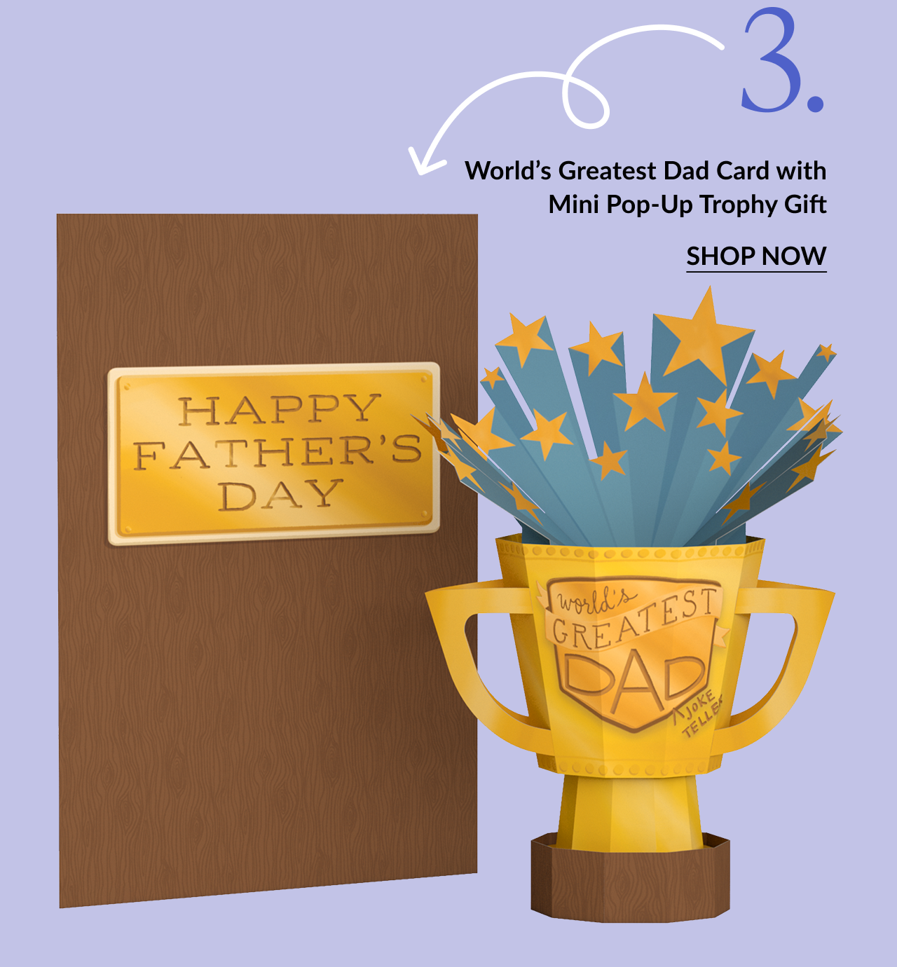 Image of the World's Greatest Dad Card with Mini Pop-Up Trophy Gift. The card front features a woodgrain design with a gold plaque that reads ''Happy Father’s Day.'' The pop-up inside is a large gold trophy labeled ''World’s Greatest Dad'' with stars bursting from it.