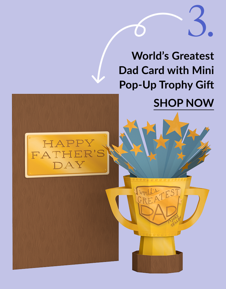 Image of the World's Greatest Dad Card with Mini Pop-Up Trophy Gift. The card front features a woodgrain design with a gold plaque that reads ''Happy Father’s Day.'' The pop-up inside is a large gold trophy labeled ''World’s Greatest Dad'' with stars bursting from it.