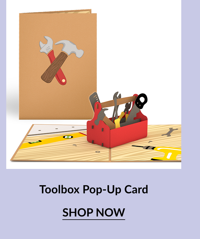 Pop-up card featuring a 3D red toolbox filled with various tools. The cover has illustrations of a hammer and wrench crossed over each other. Call-to-action button says ''SHOP NOW.''