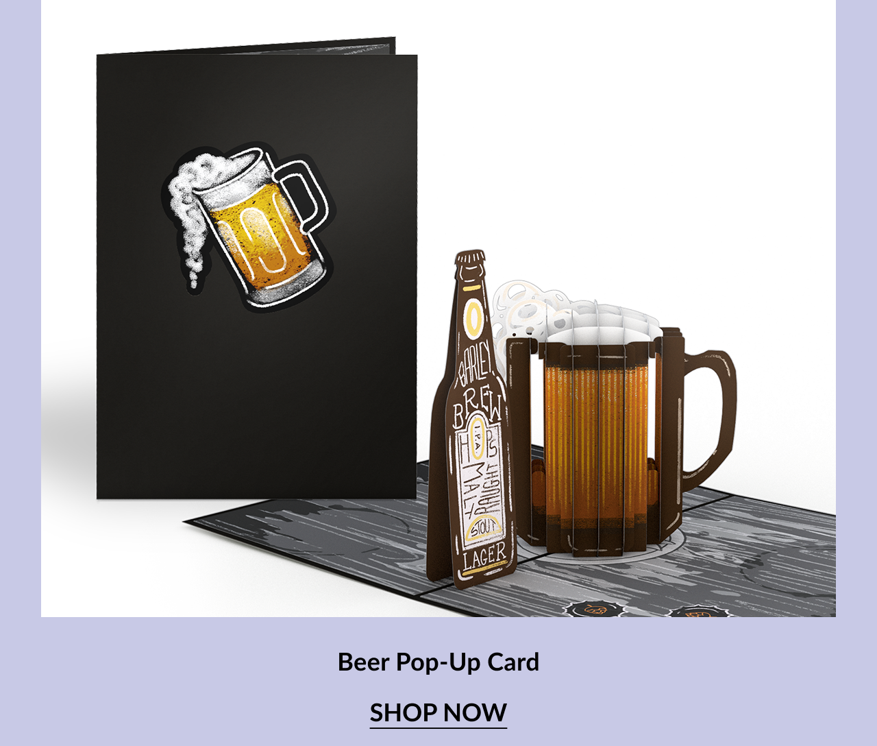 Pop-up card showing a large beer mug filled with foam and an illustrated beer bottle. The black cover displays a foamy beer mug illustration. Call-to-action button says ''SHOP NOW.''