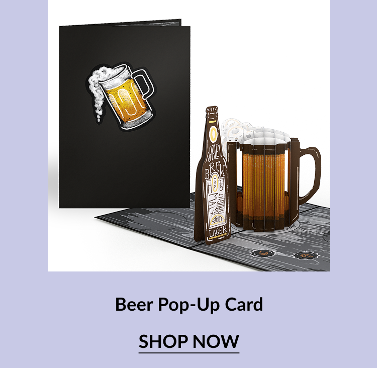 Pop-up card showing a large beer mug filled with foam and an illustrated beer bottle. The black cover displays a foamy beer mug illustration. Call-to-action button says ''SHOP NOW.''