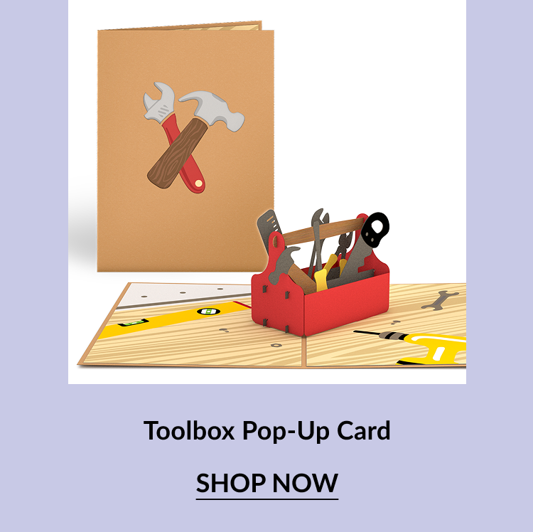Pop-up card featuring a 3D red toolbox filled with various tools. The cover has illustrations of a hammer and wrench crossed over each other. Call-to-action button says ''SHOP NOW.''