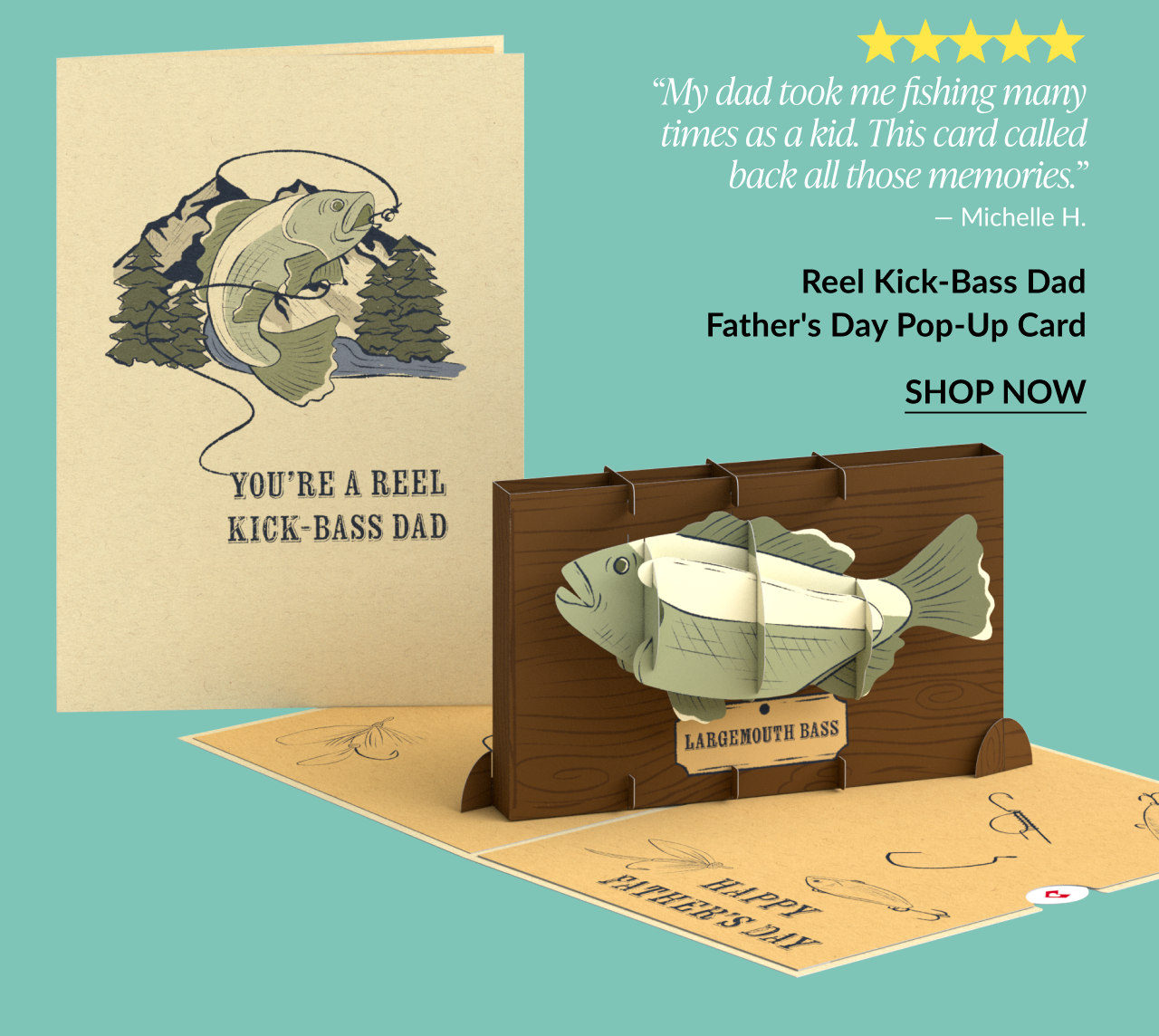 Reel Kick-Bass Dad Father’s Day Pop-Up Card featuring a 3D largemouth bass design and five-star customer review.