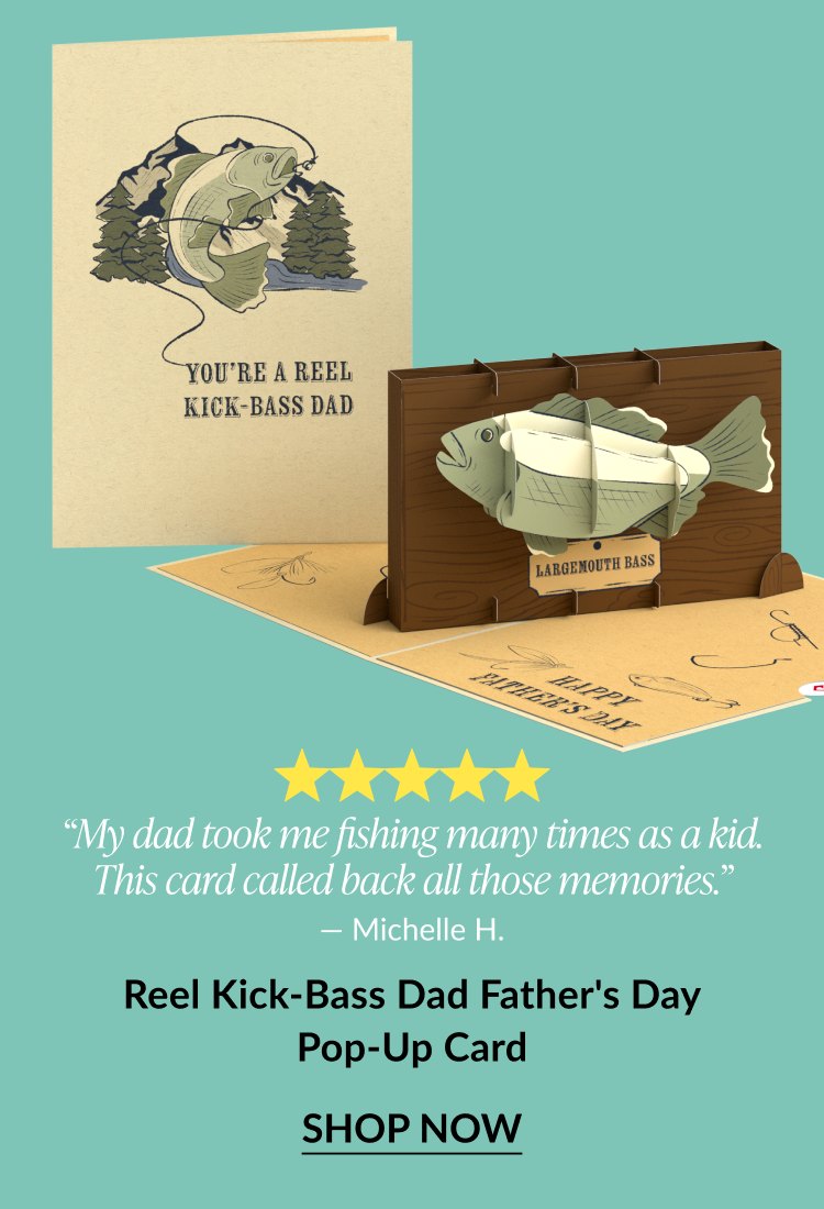 Reel Kick-Bass Dad Father’s Day Pop-Up Card featuring a 3D largemouth bass design and five-star customer review.