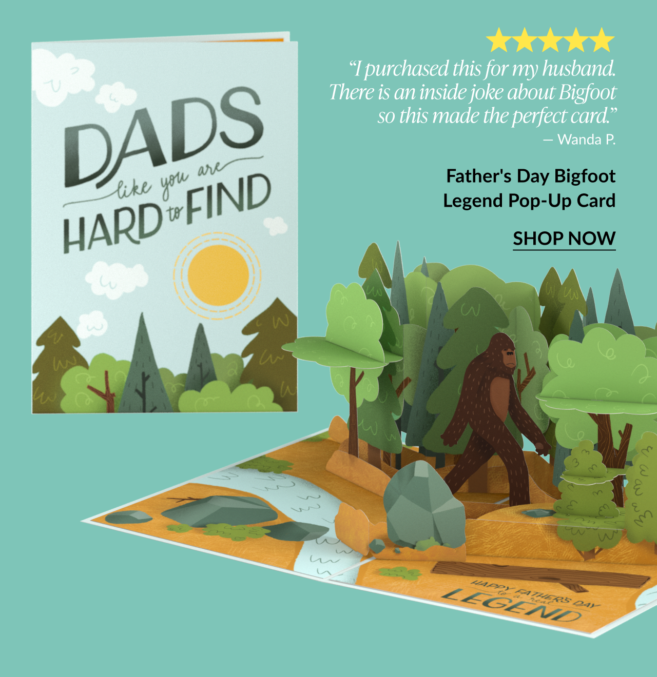Father’s Day Bigfoot Legend Pop-Up Card with 3D Bigfoot figure in a forest scene and five-star customer review.