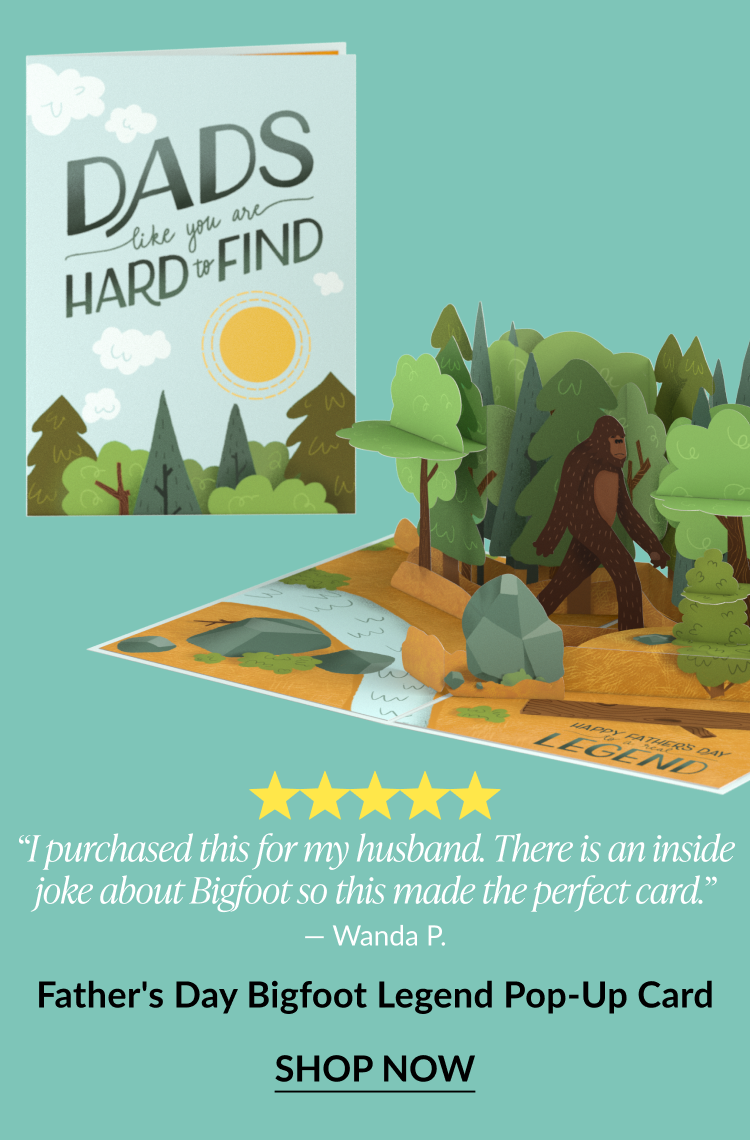 Father’s Day Bigfoot Legend Pop-Up Card with 3D Bigfoot figure in a forest scene and five-star customer review.
