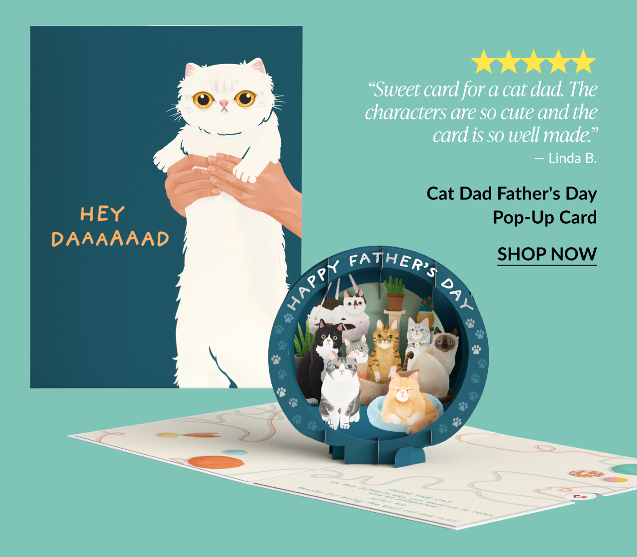Cat Dad Father’s Day Pop-Up Card showing a white cat illustration on cover and 3D group of cats inside with customer review.