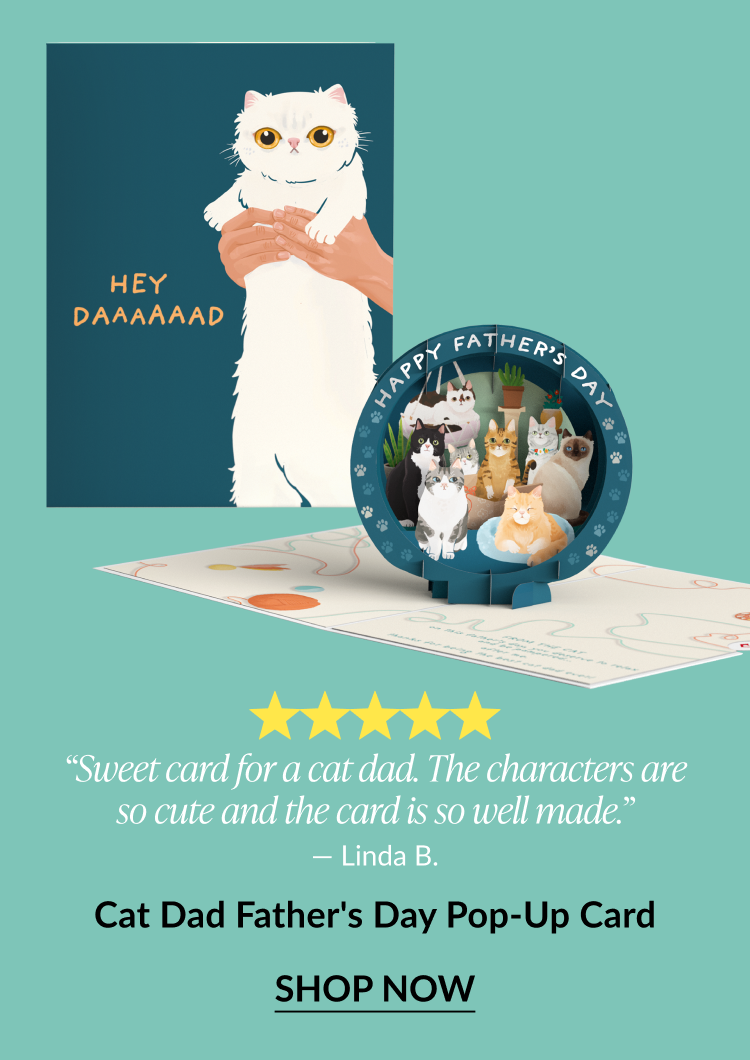 Cat Dad Father’s Day Pop-Up Card showing a white cat illustration on cover and 3D group of cats inside with customer review.