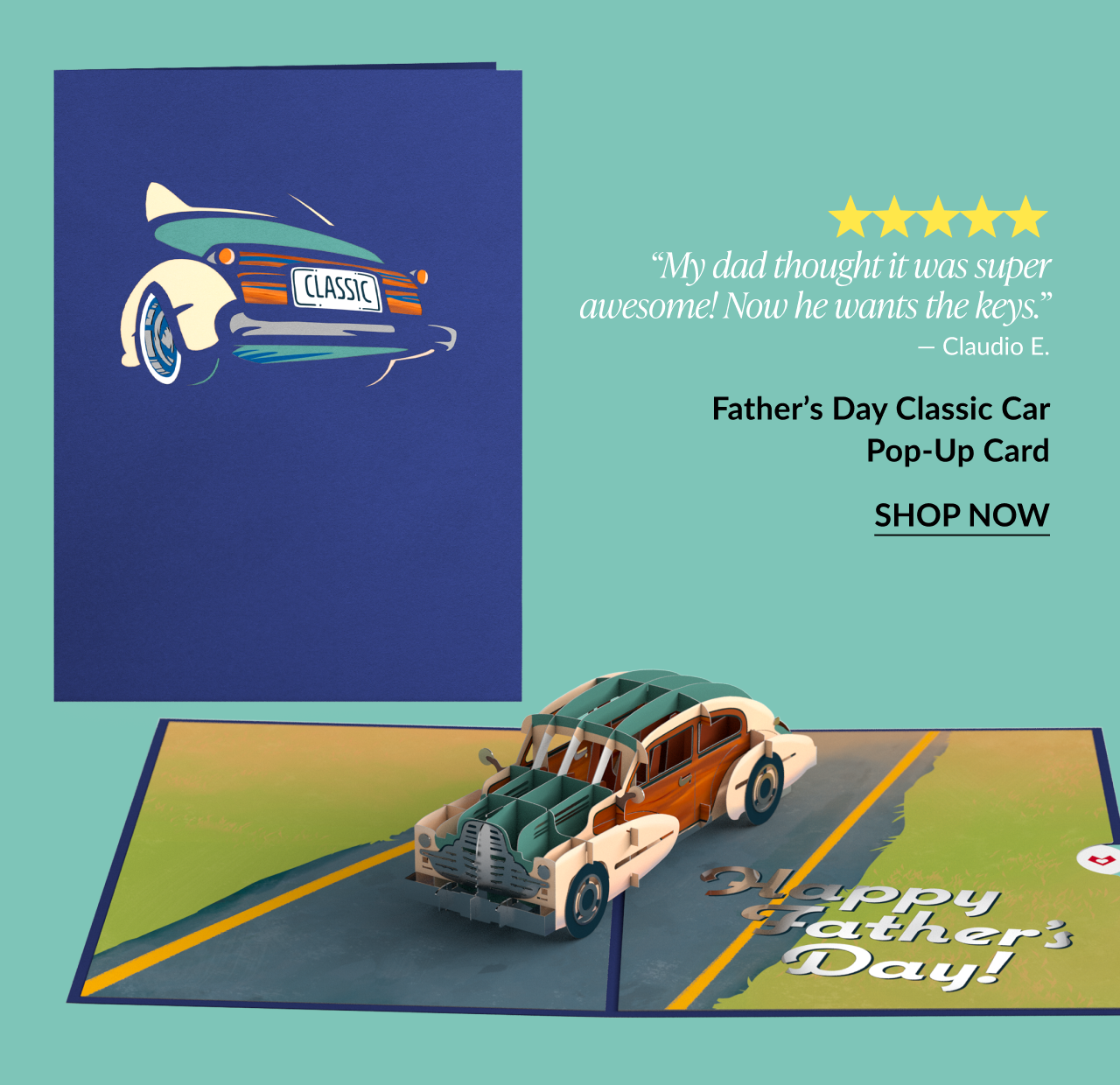 Father’s Day Classic Car Pop-Up Card with a vintage car pop-up and five-star customer review.
