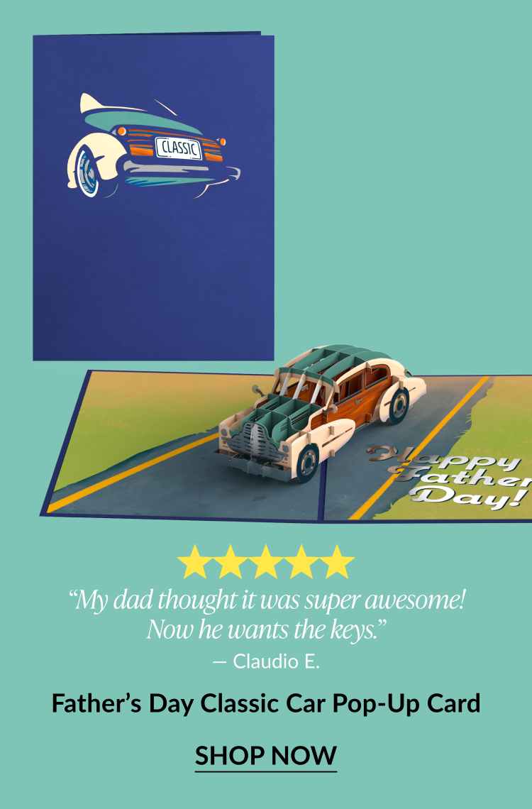 Father’s Day Classic Car Pop-Up Card with a vintage car pop-up and five-star customer review.