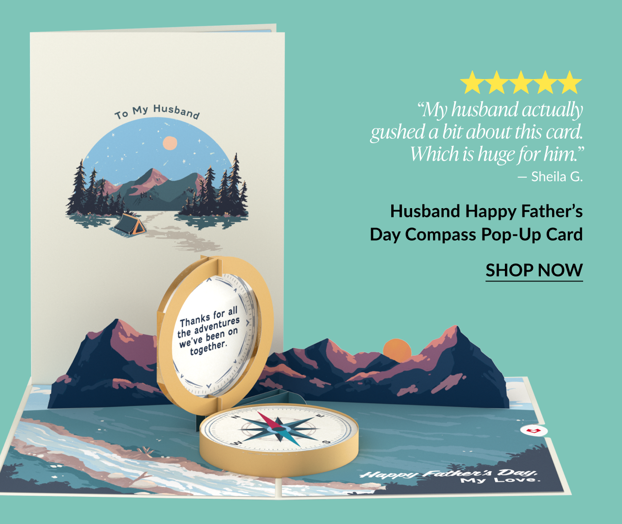 Husband Happy Father’s Day Compass Pop-Up Card with 3D compass, mountain scene, and customer review.