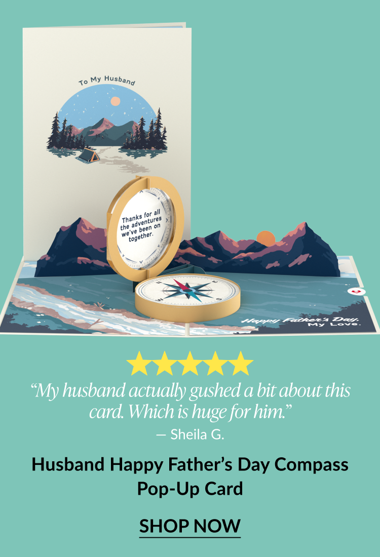 Husband Happy Father’s Day Compass Pop-Up Card with 3D compass, mountain scene, and customer review.