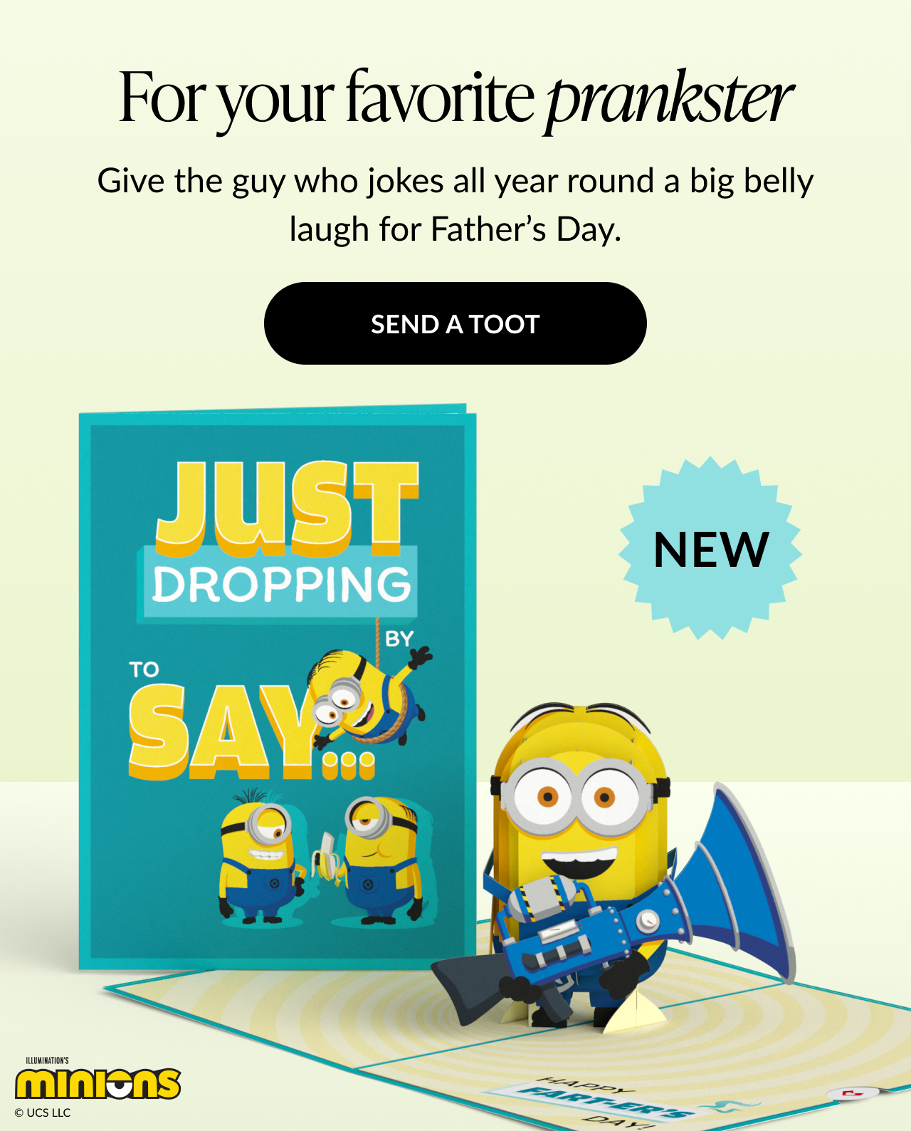 Minions Father’s Day Pop-Up Card with Minions characters, humorous message, and 3D Minion with megaphone.