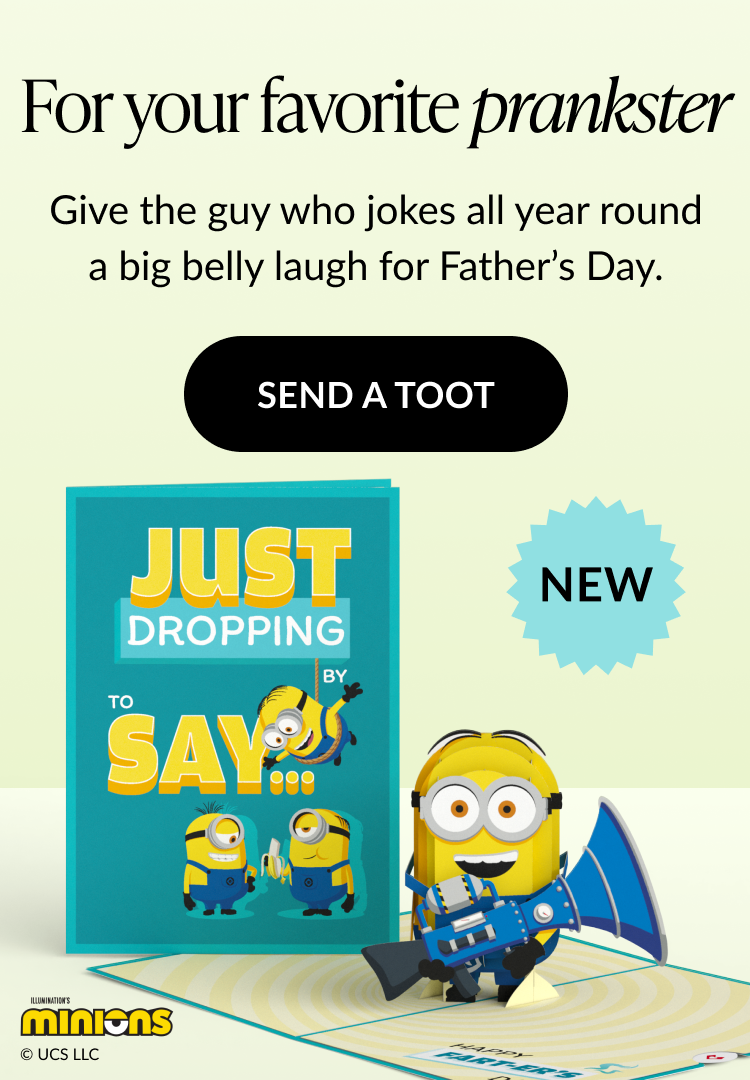 Minions Father’s Day Pop-Up Card with Minions characters, humorous message, and 3D Minion with megaphone.