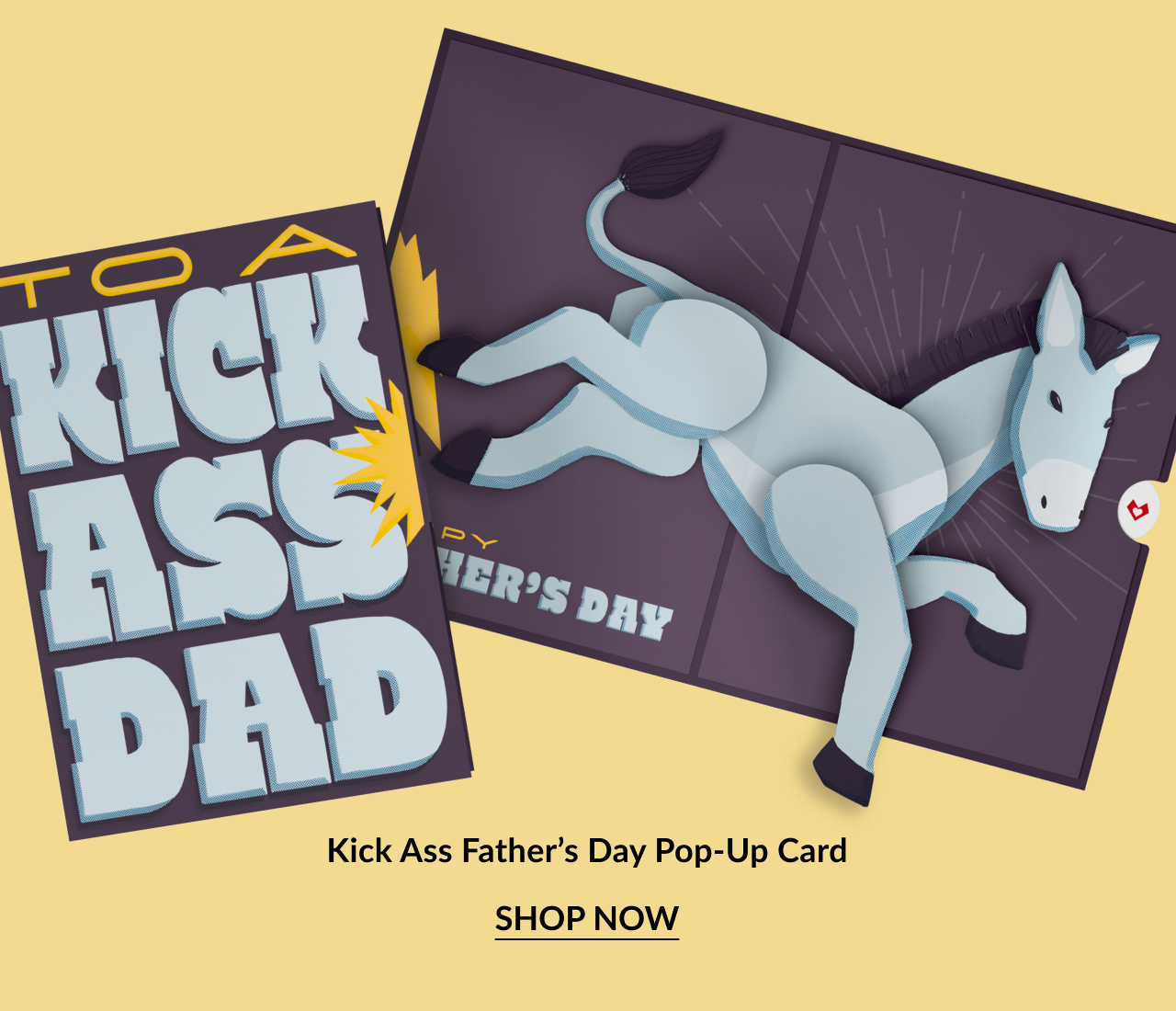 Kick Ass Father’s Day Pop-Up Card featuring a 3D donkey pop-up and bold cover text.