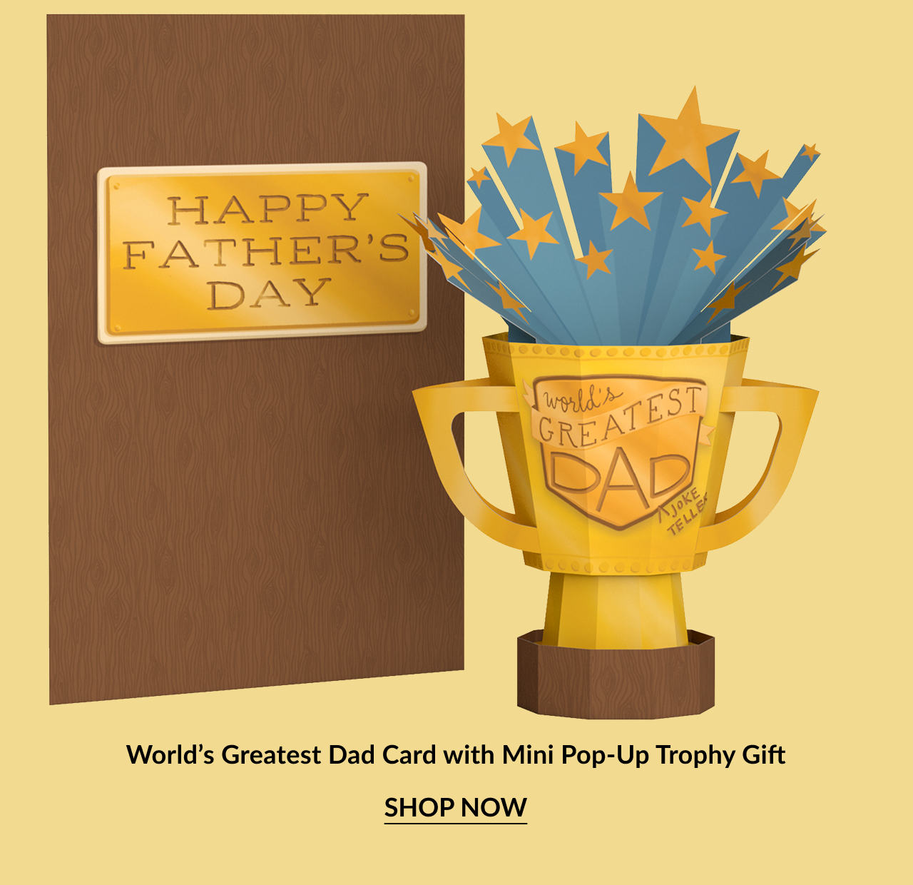 World’s Greatest Dad Card with Mini Pop-Up Trophy Gift featuring gold stars and trophy design.