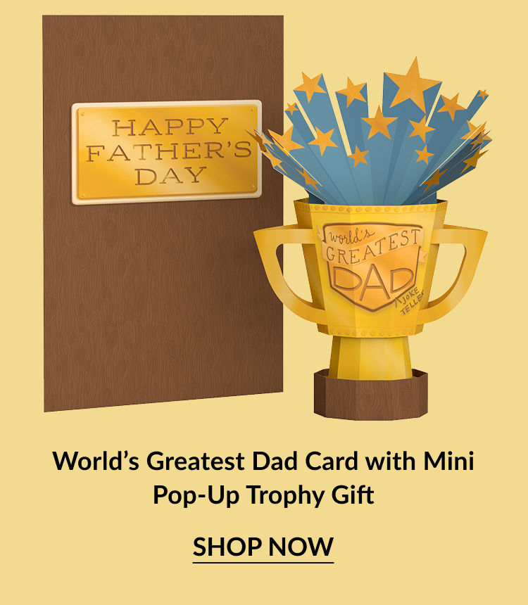 World’s Greatest Dad Card with Mini Pop-Up Trophy Gift featuring gold stars and trophy design.