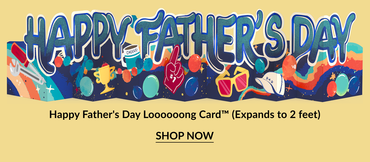 Happy Father's Day Loooooong Card™ with colorful icons and expands to 2 feet.