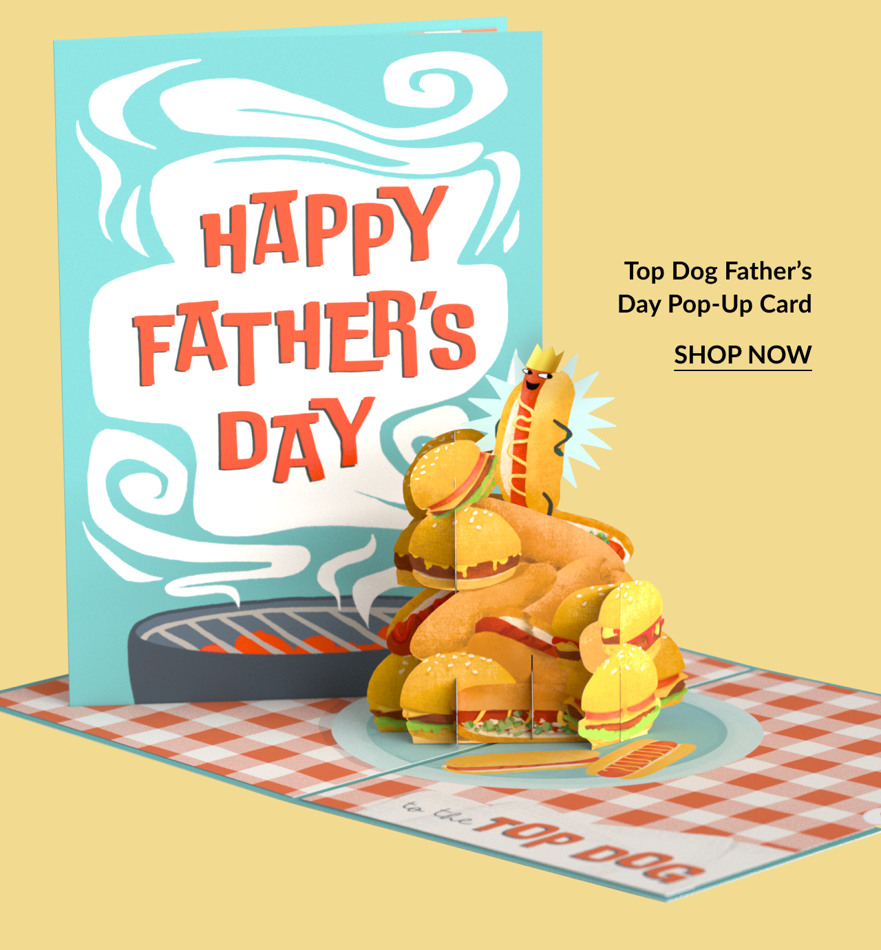 Top Dog Father’s Day Pop-Up Card with 3D hot dog stack and BBQ theme.