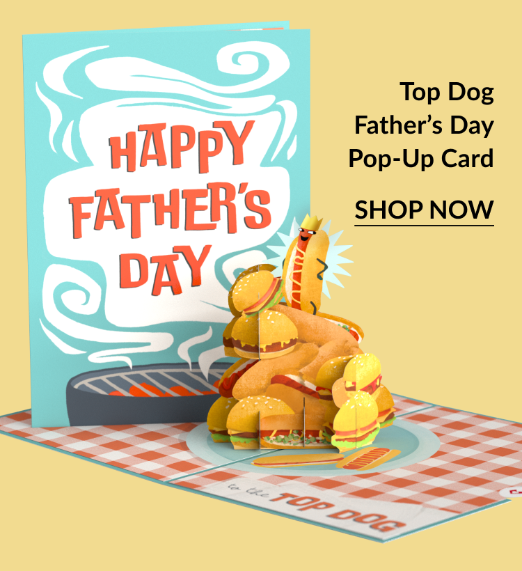 Top Dog Father’s Day Pop-Up Card with 3D hot dog stack and BBQ theme.