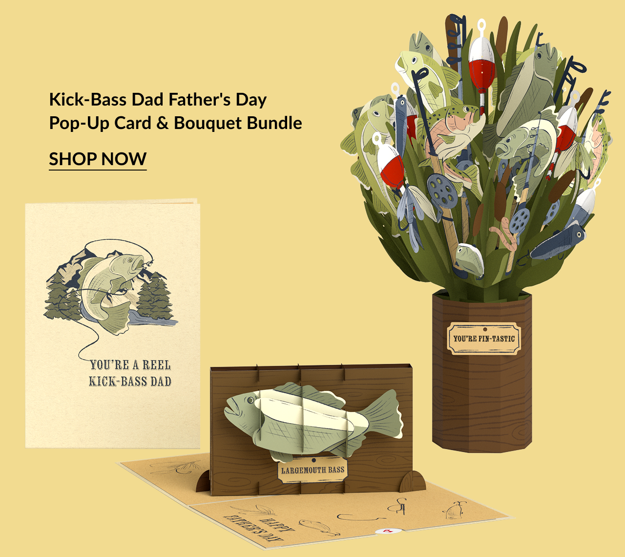 Kick-Bass Dad Father’s Day Pop-Up Card & Bouquet Bundle with fishing lures, fish bouquet, and bass pop-up card.