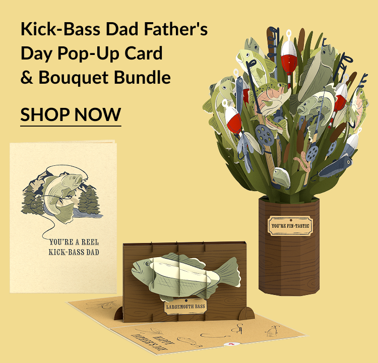 Kick-Bass Dad Father’s Day Pop-Up Card & Bouquet Bundle with fishing lures, fish bouquet, and bass pop-up card.