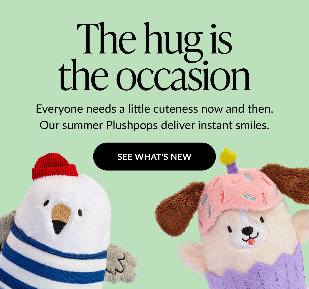 The hug is the occasion. Everyone needs a little cuteness now and then. Our summer Plushpops deliver instant smiles. Two Plushpops are shown: a seagull in a striped shirt and a cupcake dog in a pink wrapper. Button text: SEE WHAT'S NEW.