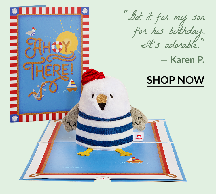 Ahoy There Plushpop Card featuring a plush seagull with red beanie in a pop-up ocean-themed scene. Quote below reads: Got it for my son for his birthday. It’s adorable. — Karen P.