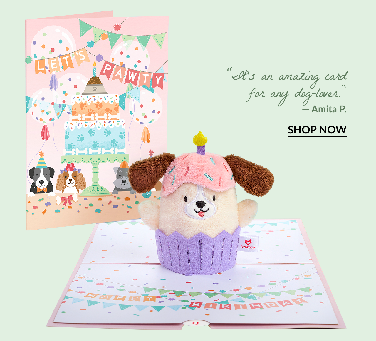 'Let’s Pawty' Birthday Dog Plushpop Card featuring a cupcake dog Plushpop with pink frosting. Quote: It’s an amazing card for any dog-lover. — Amita P.