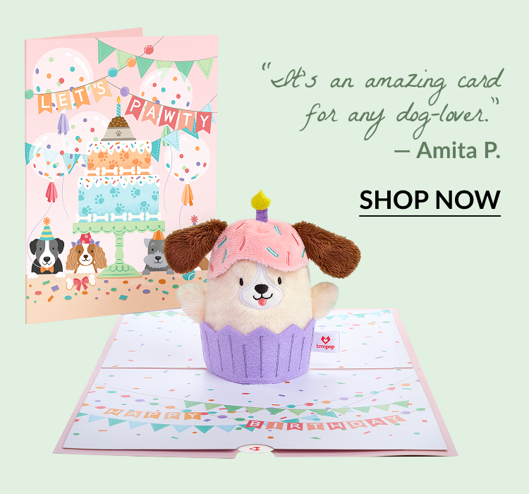 'Let’s Pawty' Birthday Dog Plushpop Card featuring a cupcake dog Plushpop with pink frosting. Quote: It’s an amazing card for any dog-lover. — Amita P.
