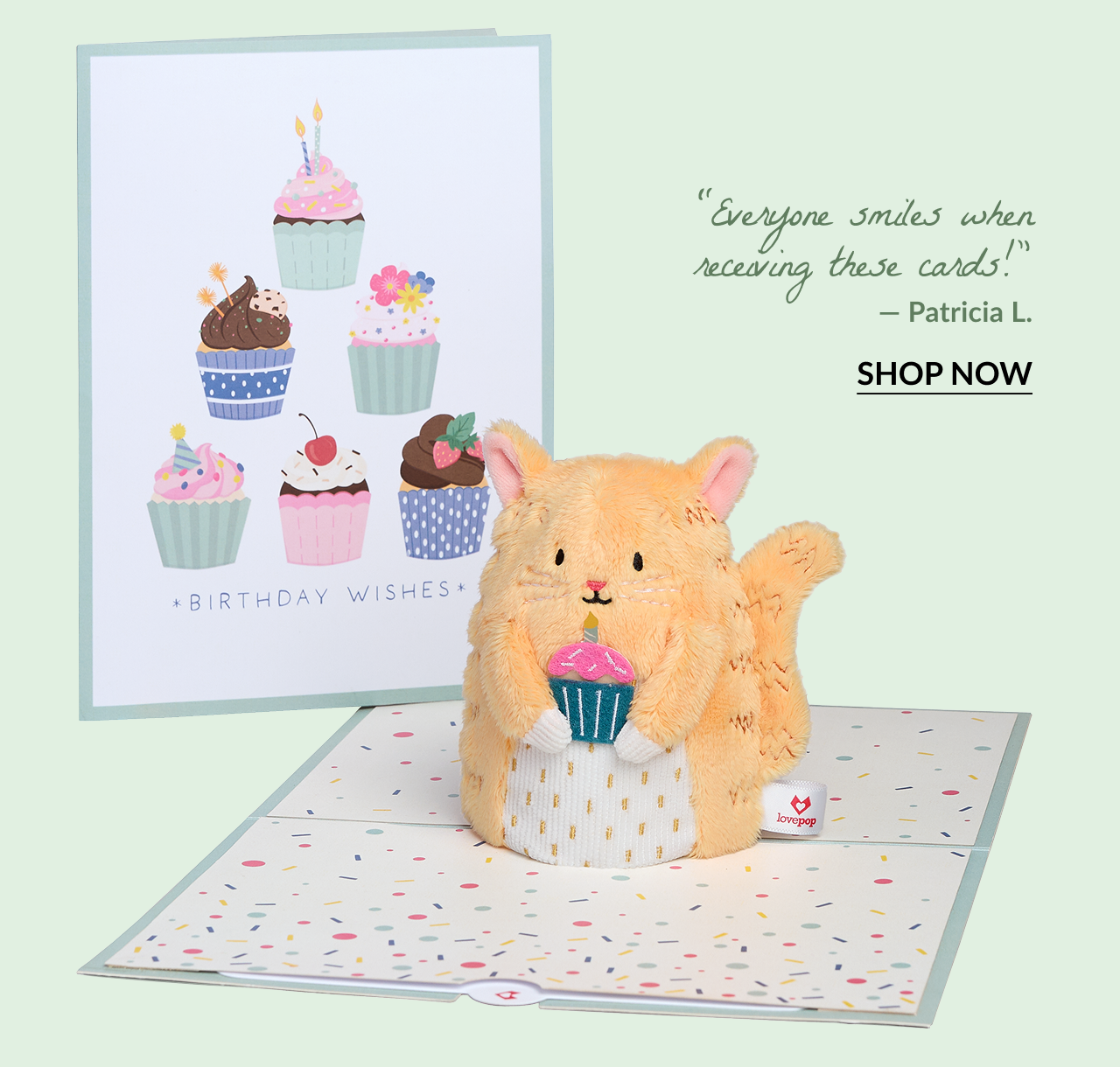 'Birthday Wishes' Cupcake Cat Plushpop Card featuring a soft orange cat holding a cupcake. Quote: Everyone smiles when receiving these cards! — Patricia L.