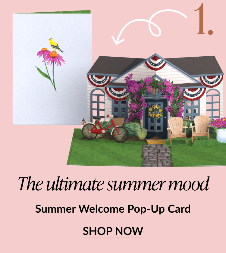 Image of a pop-up card featuring a patriotic summer house with Adirondack chairs, a wreath, and a red bicycle. Text reads: The ultimate summer mood. Summer Welcome Pop-Up Card. SHOP NOW.