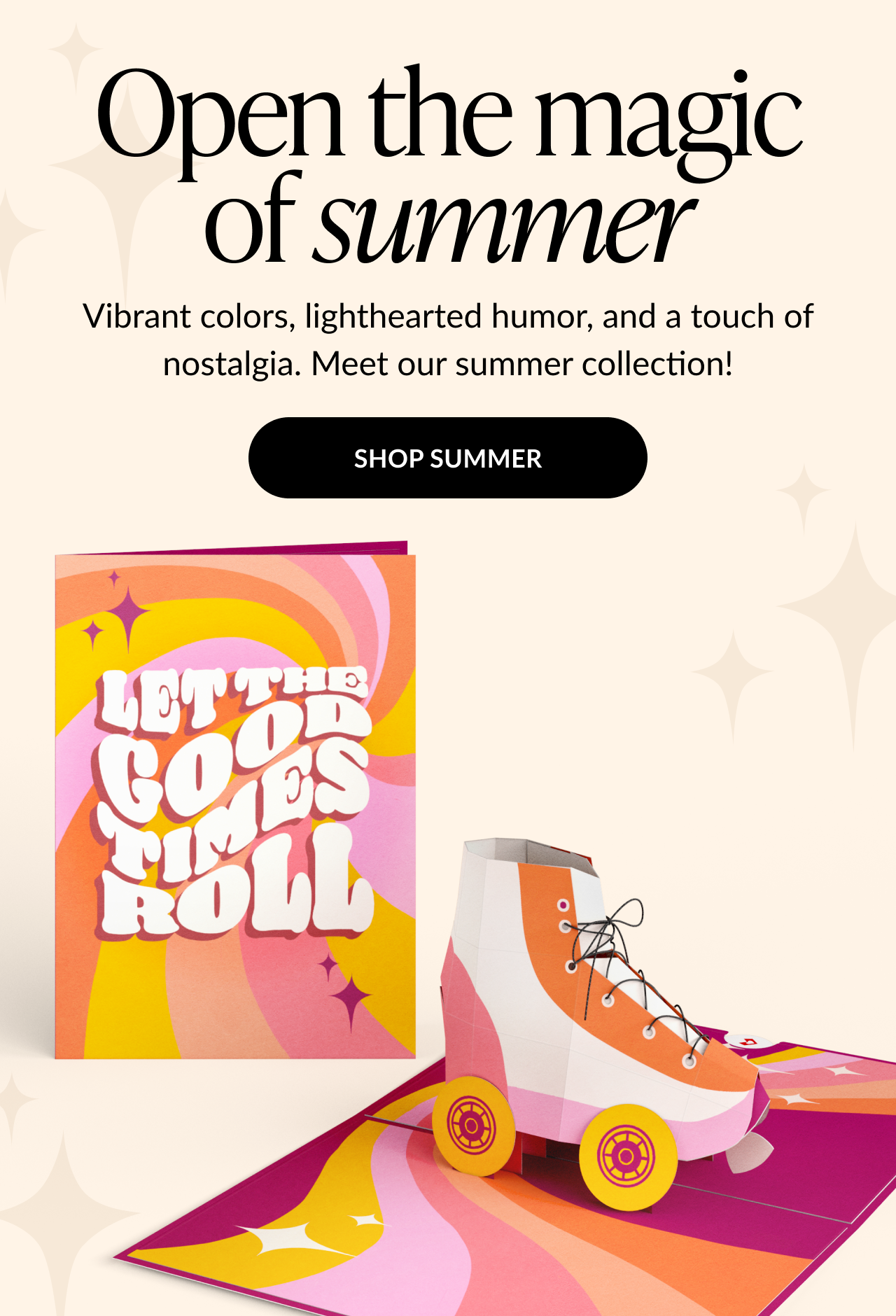 Pop-up card with retro roller skate and “Let the Good Times Roll” text