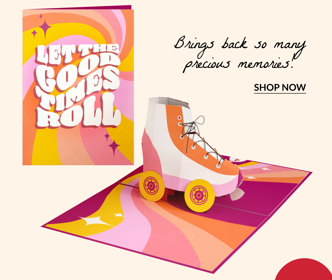 Pop-up roller skate card with “Let the Good Times Roll” text