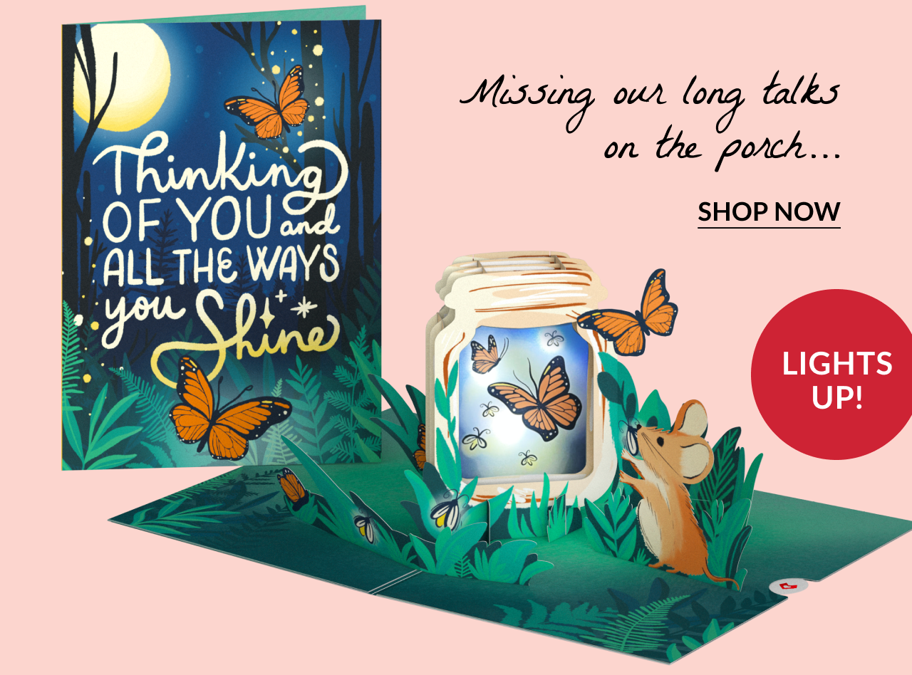 Light-up pop-up jar with butterflies and mouse, says “Thinking of you”