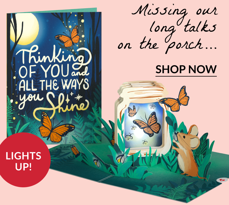 Light-up pop-up jar with butterflies and mouse, says “Thinking of you”