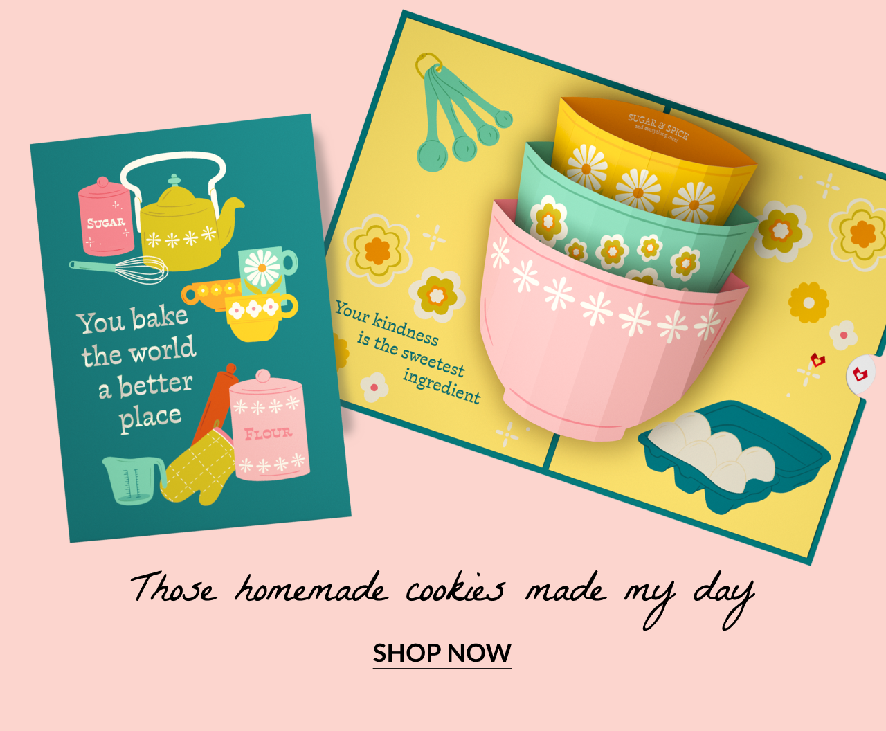 Card with baking tools and bowls; text reads “You bake the world a better place.”