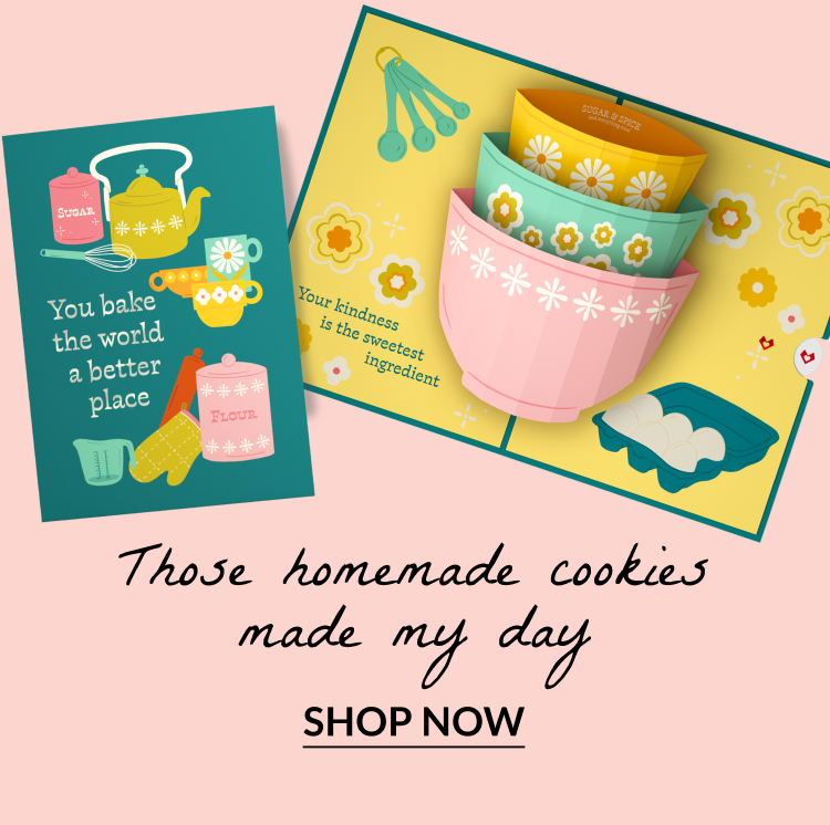 Card with baking tools and bowls; text reads “You bake the world a better place.”