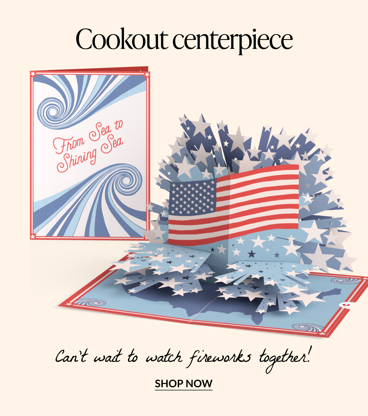 Pop-up card with American flag and stars; text reads “From Sea to Shining Sea.”