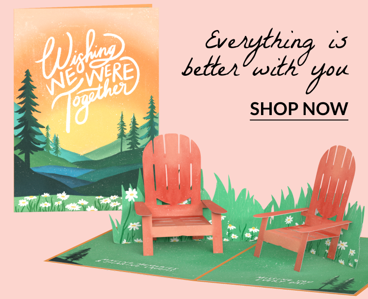 Adirondack chairs card; text reads “Wishing we were together.”
