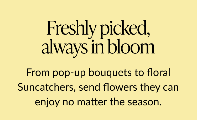 Banner with text “Freshly picked, always in bloom” on a yellow background.