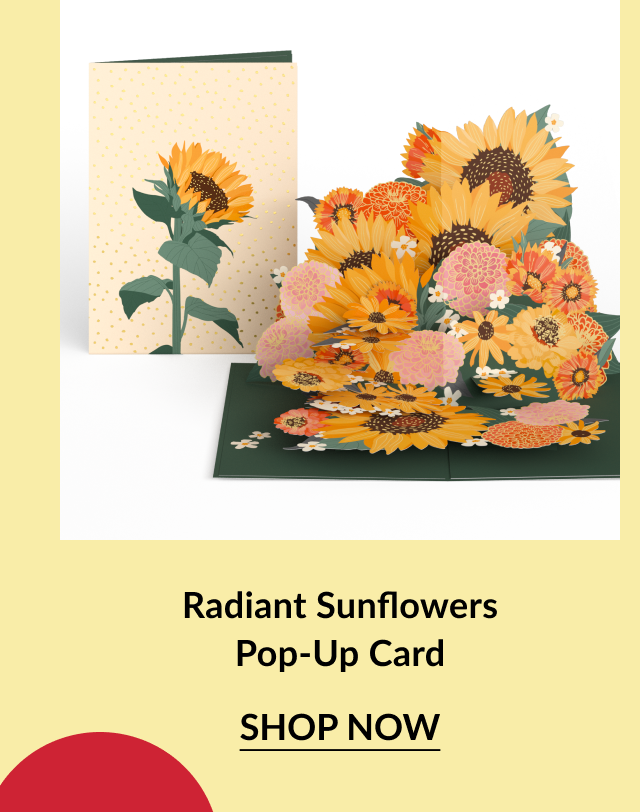 Pop-up sunflowers card; text reads “Radiant Sunflowers Pop-Up Card.”
