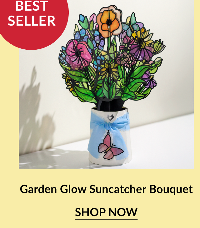 Suncatcher bouquet in a vase with butterfly ribbon; labeled “BEST SELLER.”
